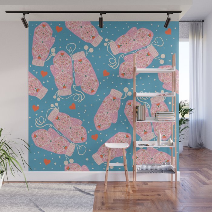 Pink Snowflake Mittens and Hearts on Blue Winter Pattern Wall Mural Gallery Image 1