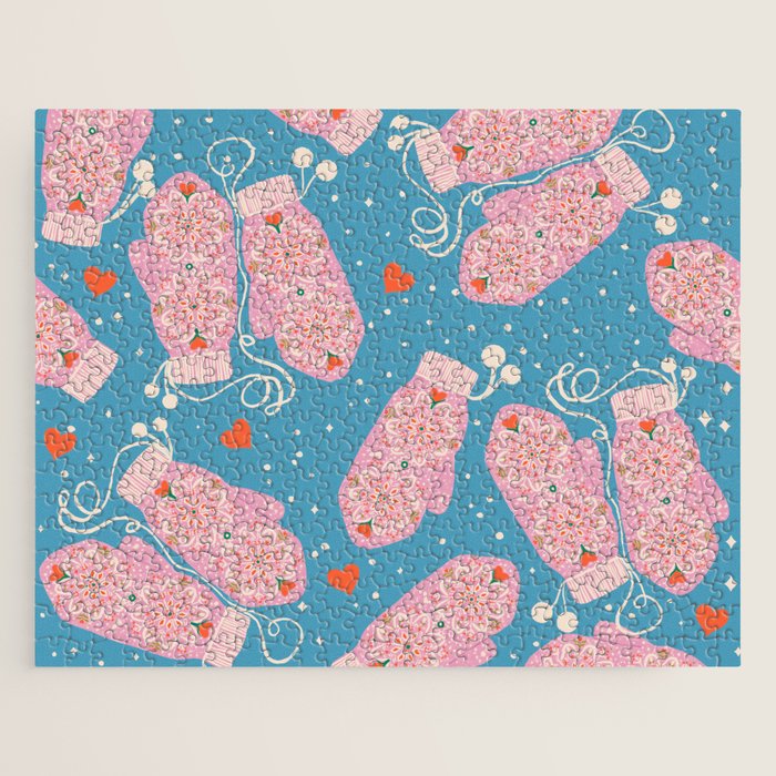 Pink Snowflake Mittens and Hearts on Blue Winter Pattern Jigsaw Puzzle Gallery Image 1