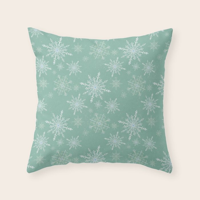 Elegant Winter Snowflake Pattern on Mint Green Background Throw Pillow Gallery Image 1