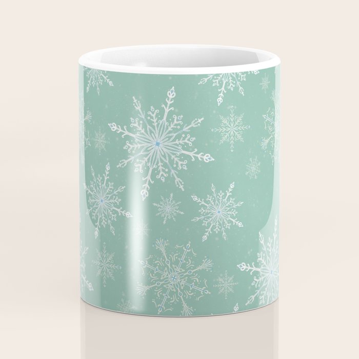 Elegant Winter Snowflake Pattern on Mint Green Background Coffee Mug Gallery Image 4