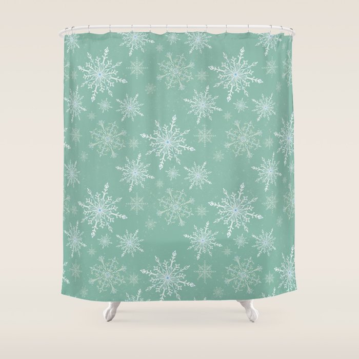Elegant Winter Snowflake Pattern on Mint Green Background Shower Curtain Gallery Image 1