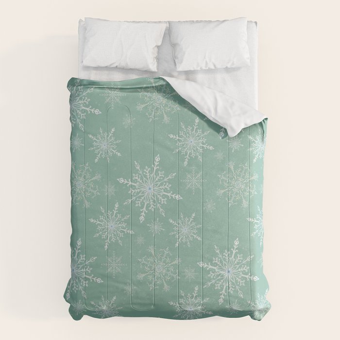 Elegant Winter Snowflake Pattern on Mint Green Background Comforter Gallery Image 1