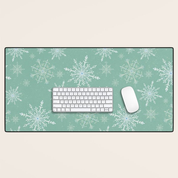 Elegant Winter Snowflake Pattern on Mint Green Background Desk Mat Gallery Image 1