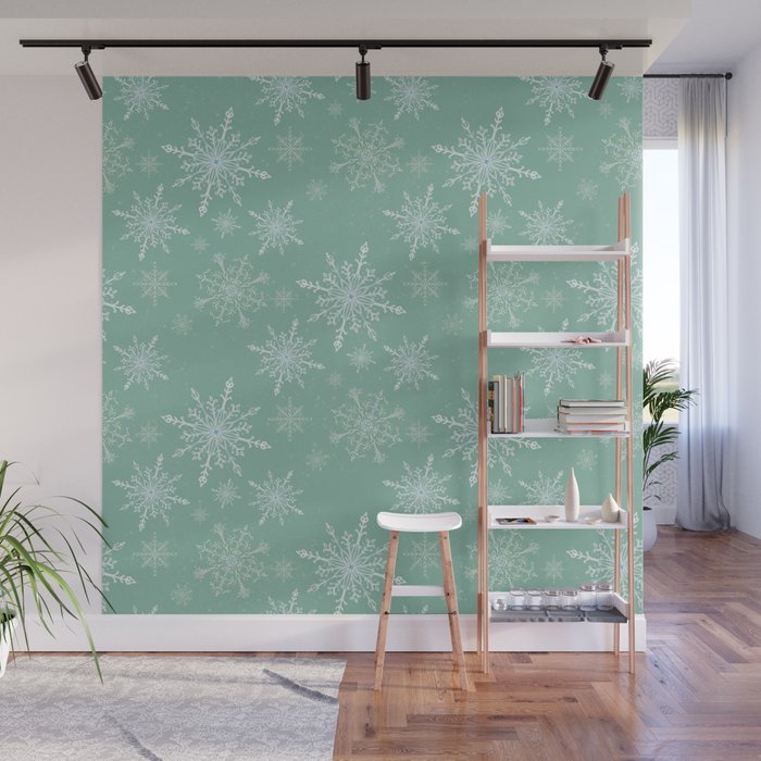 Elegant Winter Snowflake Pattern on Mint Green Background Wall Mural Gallery Image 1