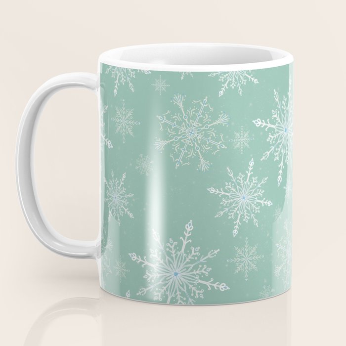 Elegant Winter Snowflake Pattern on Mint Green Background Coffee Mug Gallery Image 3