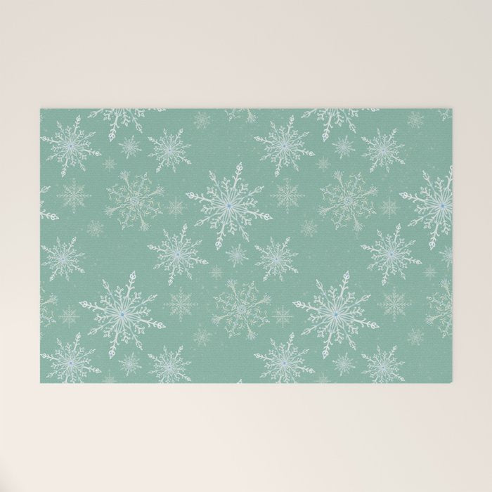 Elegant Winter Snowflake Pattern on Mint Green Background Welcome Mat Gallery Image 1