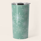 Elegant Winter Snowflake Pattern on Mint Green Background Travel Mug Gallery Image 1