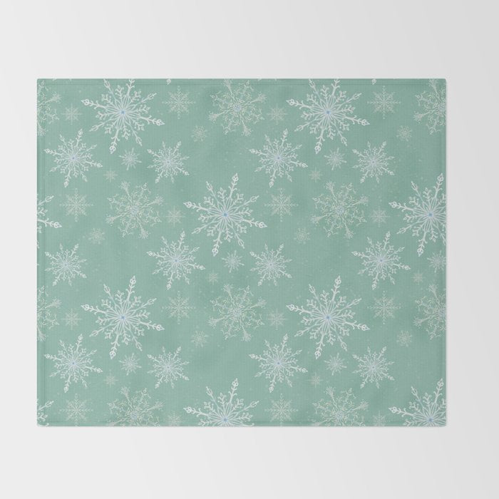 Elegant Winter Snowflake Pattern on Mint Green Background Throw Blanket Gallery Image 2