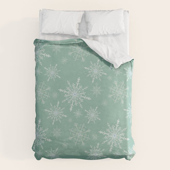 Elegant Winter Snowflake Pattern on Mint Green Background Duvet Cover Gallery Image 6