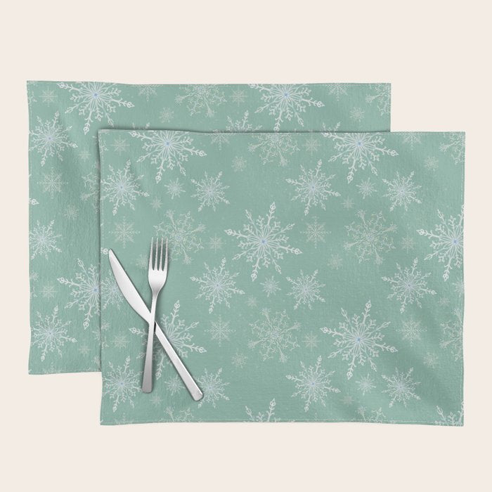 Elegant Winter Snowflake Pattern on Mint Green Background Placemat Gallery Image 1