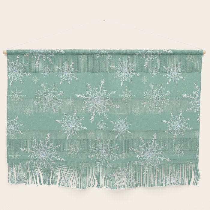 Elegant Winter Snowflake Pattern on Mint Green Background Wall Hanging Gallery Image 1