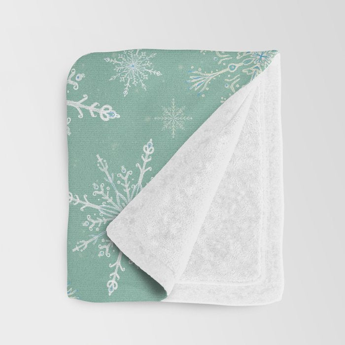 Elegant Winter Snowflake Pattern on Mint Green Background Throw Blanket Gallery Image 3