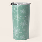 Elegant Winter Snowflake Pattern on Mint Green Background Travel Mug Gallery Image 3