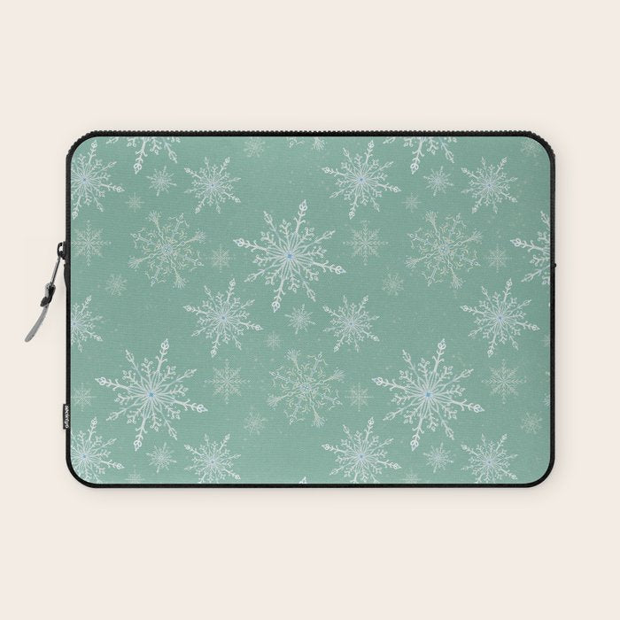 Elegant Winter Snowflake Pattern on Mint Green Background Laptop Sleeve Gallery Image 1