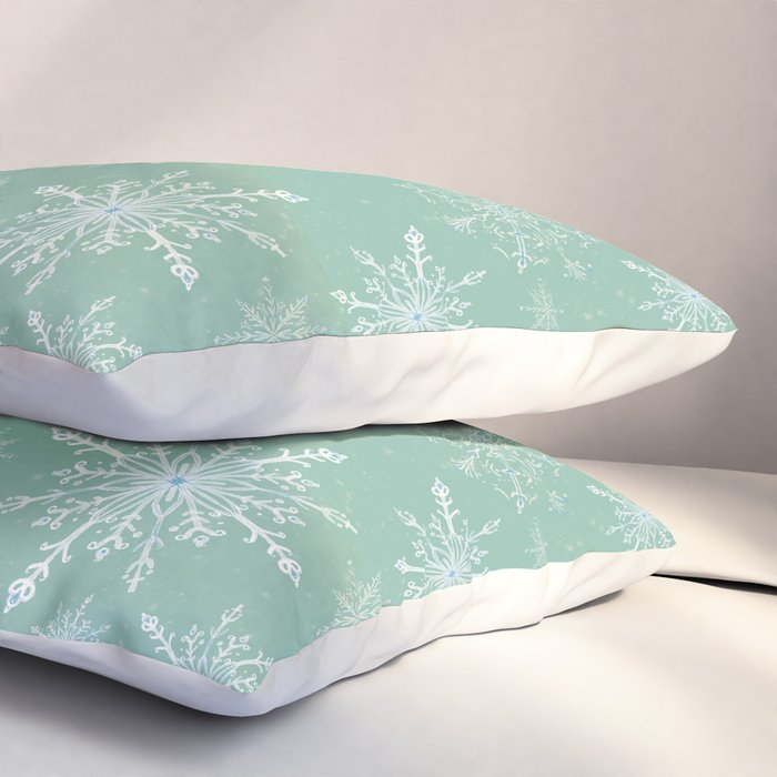 Elegant Winter Snowflake Pattern on Mint Green Background Pillow Sham Gallery Image 3