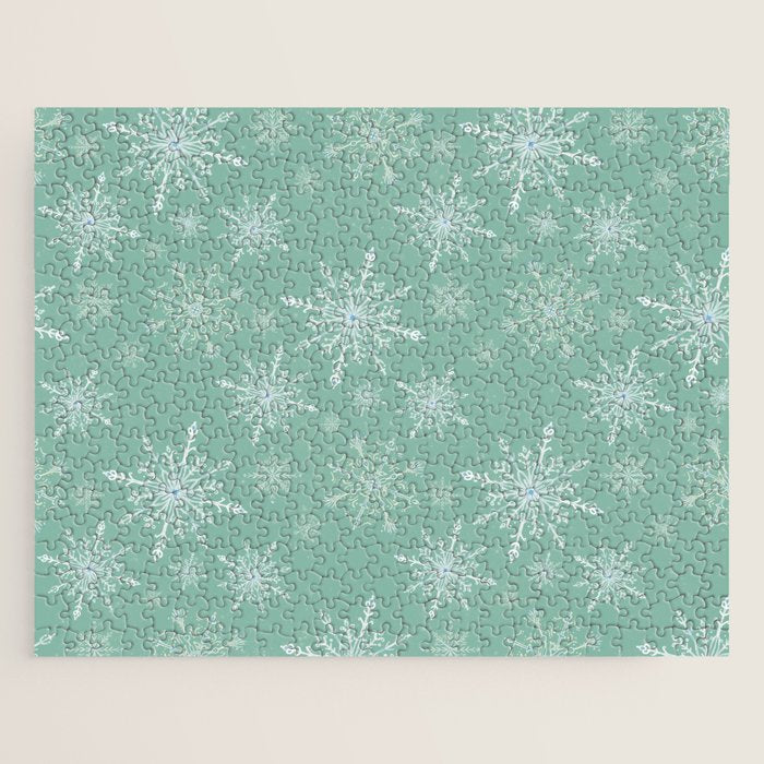Elegant Winter Snowflake Pattern on Mint Green Background Jigsaw Puzzle Gallery Image 1
