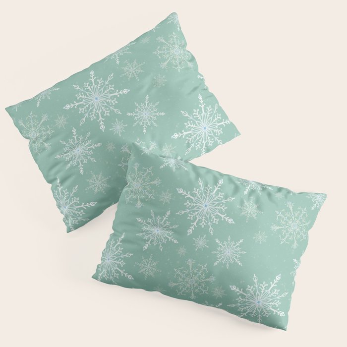 Elegant Winter Snowflake Pattern on Mint Green Background Pillow Sham Gallery Image 3