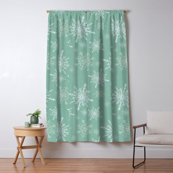Elegant Winter Snowflake Pattern on Mint Green Background Window Curtain Gallery Image 1