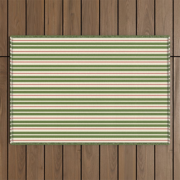 Retro Christmas Stripes - Vertical Holiday Stripe Pattern Green Red Cream  Outdoor Rug Gallery Image 1