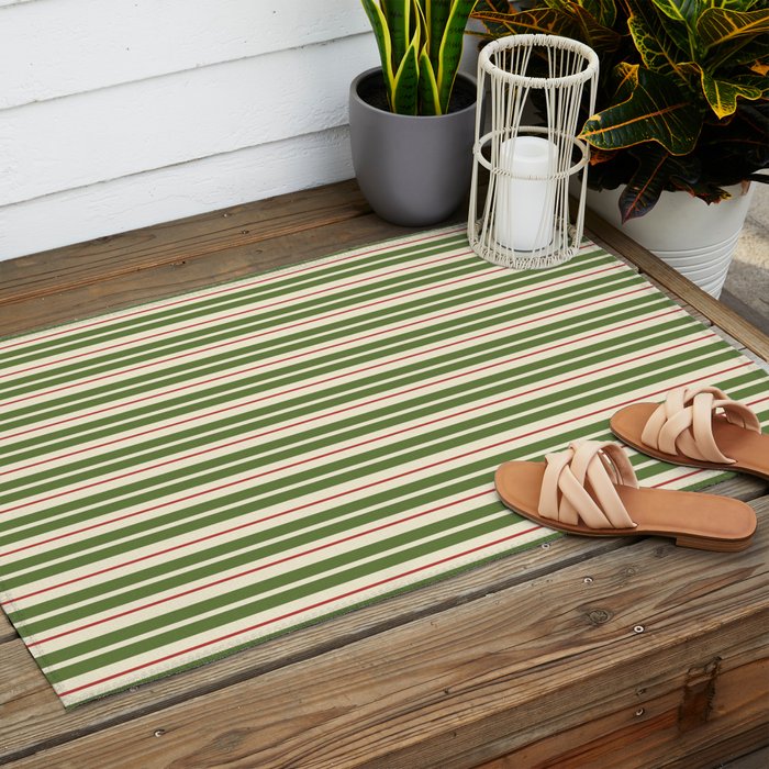 Retro Christmas Stripes - Vertical Holiday Stripe Pattern Green Red Cream  Outdoor Rug Gallery Image 2