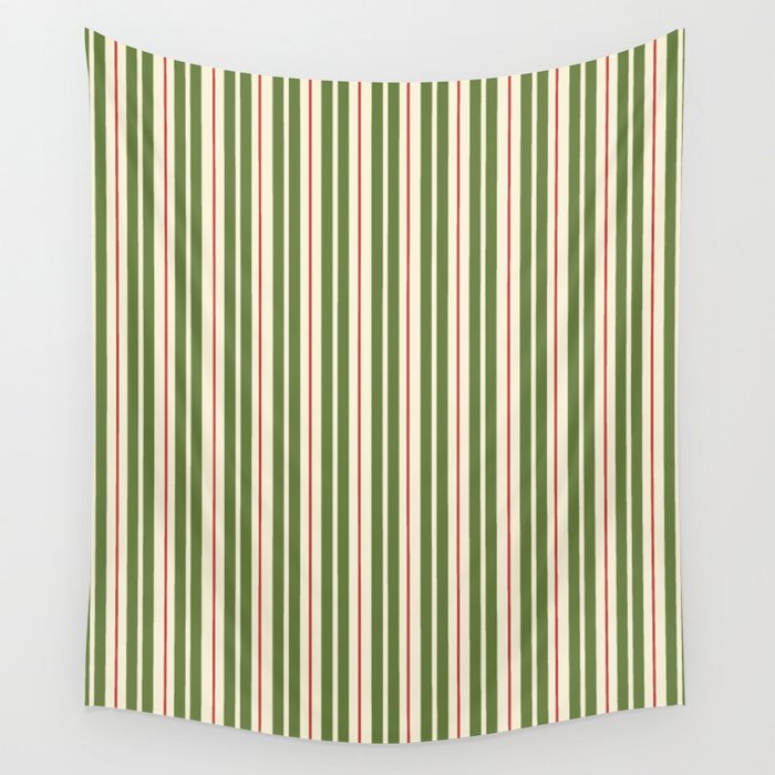 Retro Christmas Stripes - Vertical Holiday Stripe Pattern Green Red Cream  Wall Tapestry Gallery Image 4