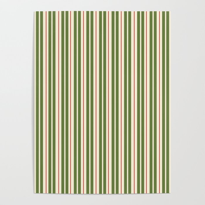 Retro Christmas Stripes - Vertical Holiday Stripe Pattern Green Red Cream  Poster Gallery Image 1