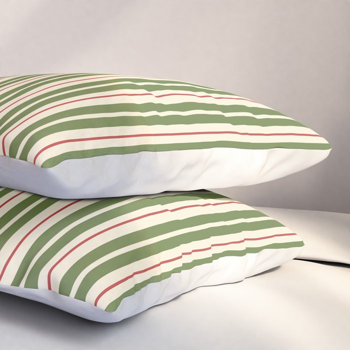 Retro Christmas Stripes - Vertical Holiday Stripe Pattern Green Red Cream  Pillow Sham Gallery Image 3