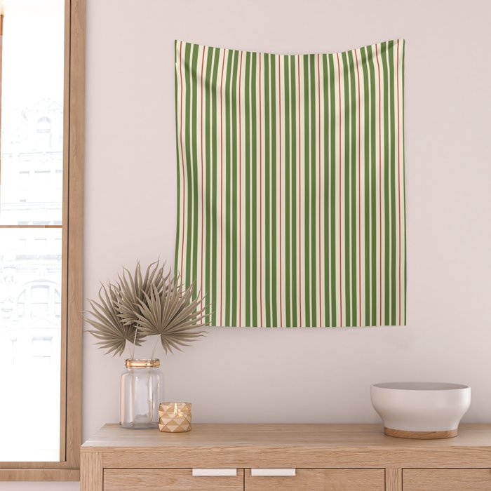 Retro Christmas Stripes - Vertical Holiday Stripe Pattern Green Red Cream  Wall Tapestry Gallery Image 2