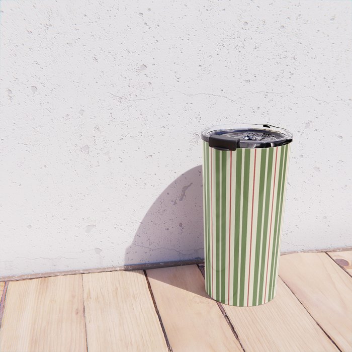 Retro Christmas Stripes - Vertical Holiday Stripe Pattern Green Red Cream  Travel Mug Gallery Image 4