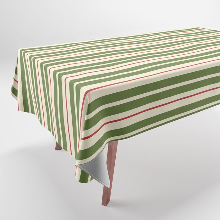 Retro Christmas Stripes - Vertical Holiday Stripe Pattern Green Red Cream  Tablecloth Gallery Image 1