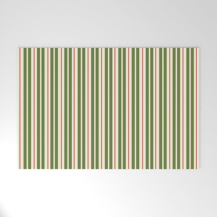 Retro Christmas Stripes - Vertical Holiday Stripe Pattern Green Red Cream  Welcome Mat Gallery Image 1