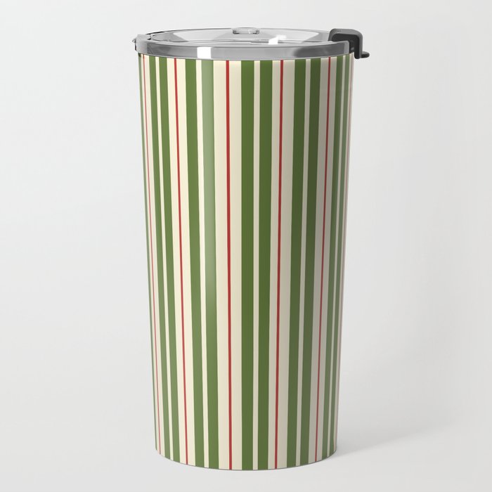 Retro Christmas Stripes - Vertical Holiday Stripe Pattern Green Red Cream  Travel Mug Gallery Image 2