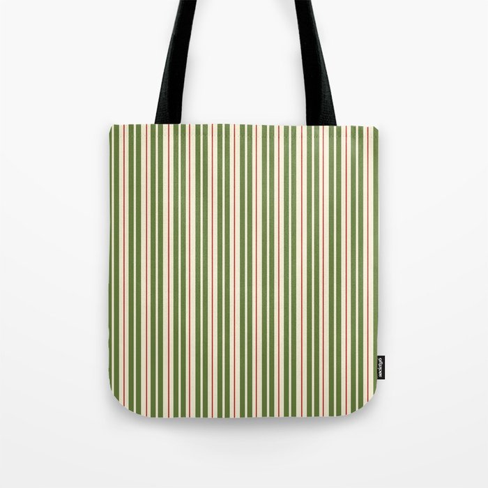 Retro Christmas Stripes - Vertical Holiday Stripe Pattern Green Red Cream  Tote Bag Gallery Image 1