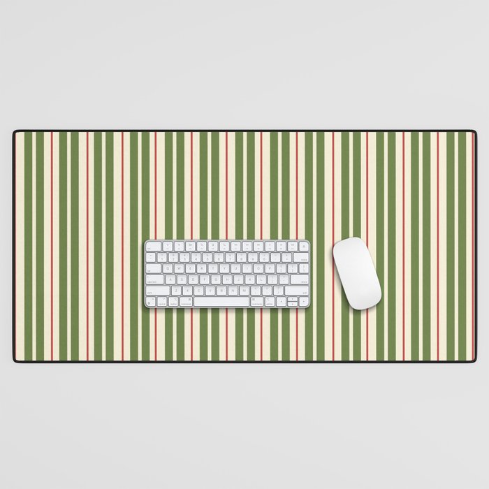 Retro Christmas Stripes - Vertical Holiday Stripe Pattern Green Red Cream  Desk Mat Gallery Image 1