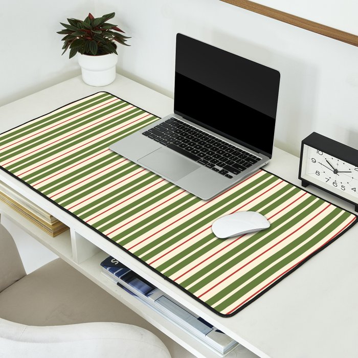 Retro Christmas Stripes - Vertical Holiday Stripe Pattern Green Red Cream  Desk Mat Gallery Image 2