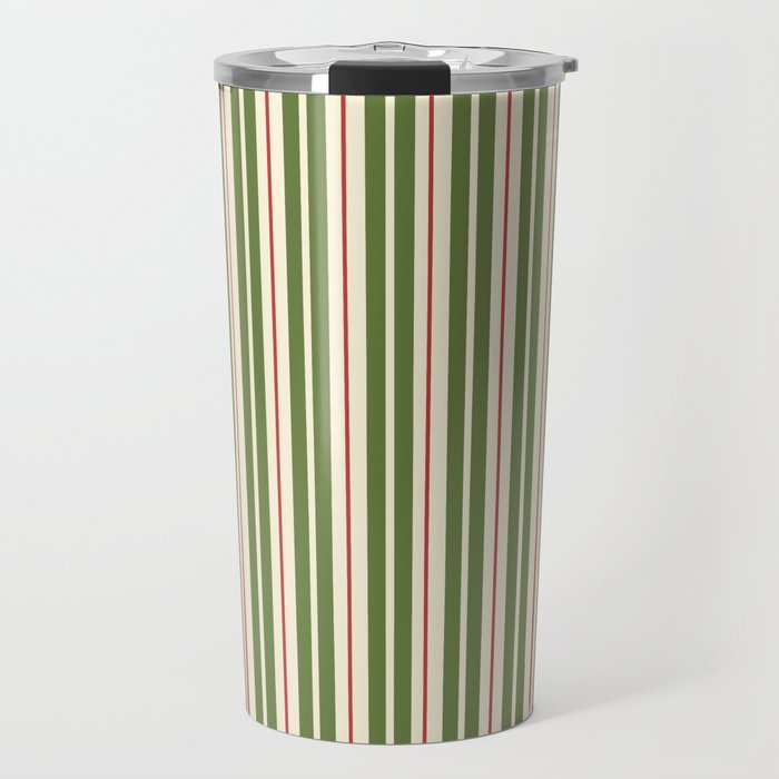Retro Christmas Stripes - Vertical Holiday Stripe Pattern Green Red Cream  Travel Mug Gallery Image 1