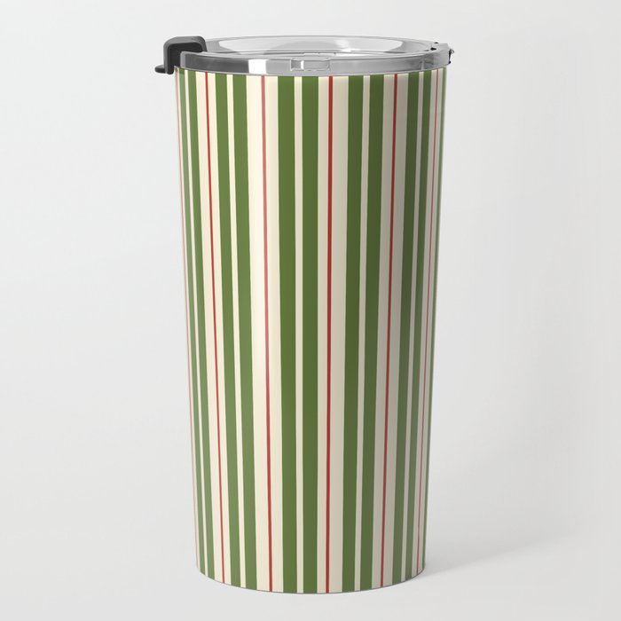 Retro Christmas Stripes - Vertical Holiday Stripe Pattern Green Red Cream  Travel Mug Gallery Image 3
