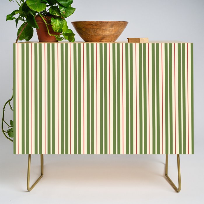Retro Christmas Stripes - Vertical Holiday Stripe Pattern Green Red Cream  Credenza Gallery Image 1