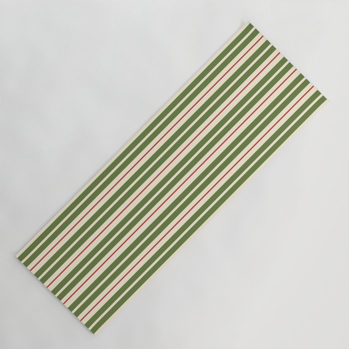 Retro Christmas Stripes - Vertical Holiday Stripe Pattern Green Red Cream  Yoga Mat Gallery Image 1
