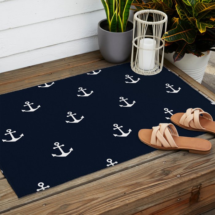 Dark Blue Anchor Pattern Outdoor Rug Gallery Image 2