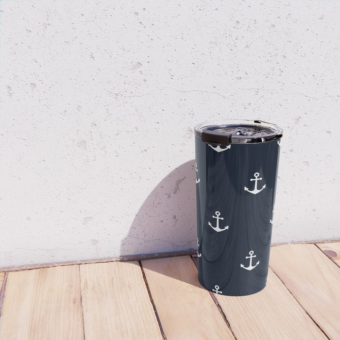 Dark Blue Anchor Pattern Travel Mug Gallery Image 4