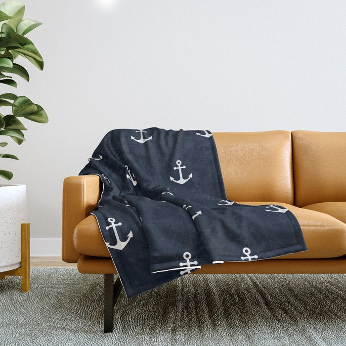 Dark Blue Anchor Pattern Throw Blanket Gallery Image 1