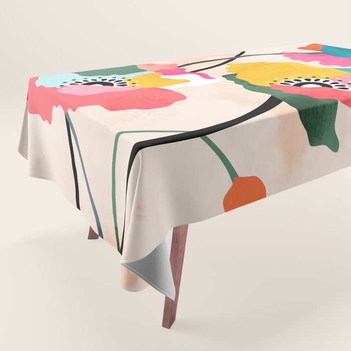 Dopamine Floral, Botanical Watercolor Eclectic Flowers Plants, Painting Colorful Pop Bohemian Contemporary Modern Tablecloth Gallery Image 1