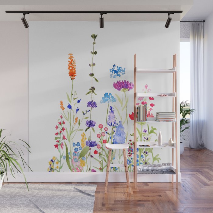 colorful wild flowers watercolor painting Wall Mural Gallery Image 1