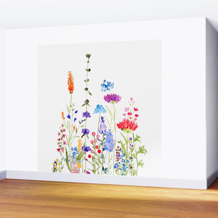 colorful wild flowers watercolor painting Wall Mural Gallery Image 2