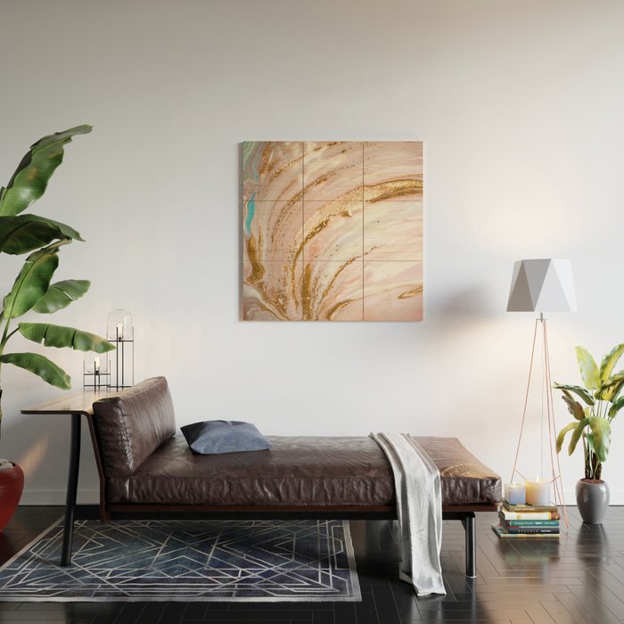 Blush Pink And Gold Liquid Color  Wood Wall Art Gallery Image 2