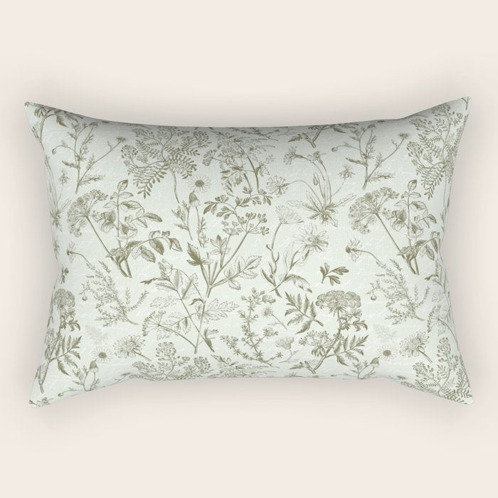 Meadow Floral Herbarium Cottagecore  Botanical Monochromatic Pattern - Pistachio Green  Rectangular Pillow Gallery Image 2