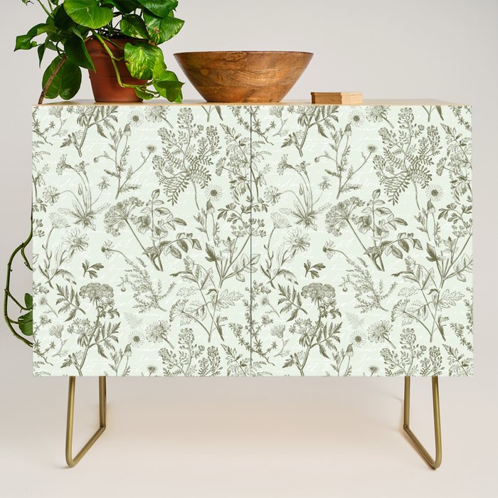 Meadow Floral Herbarium Cottagecore  Botanical Monochromatic Pattern - Pistachio Green  Credenza Gallery Image 1