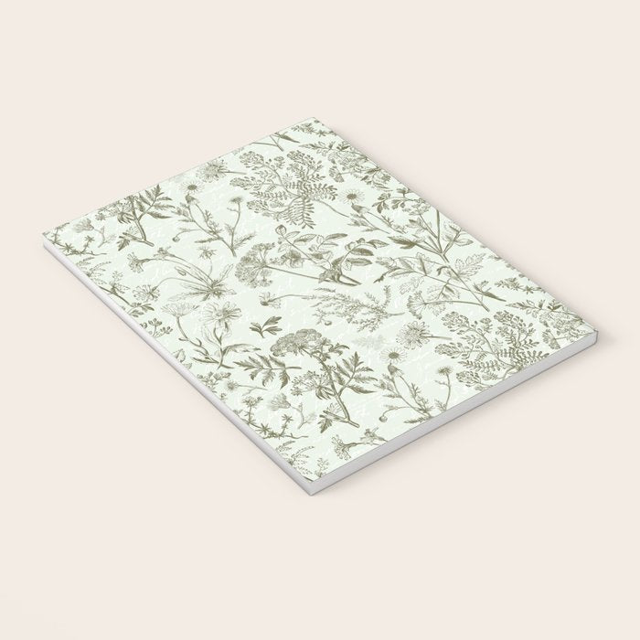 Meadow Floral Herbarium Cottagecore  Botanical Monochromatic Pattern - Pistachio Green  Notebook Gallery Image 3