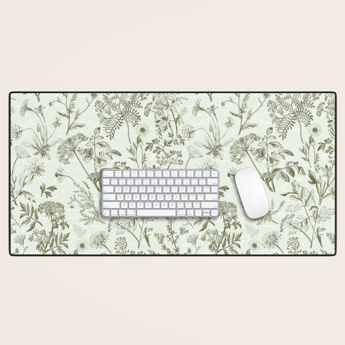 Meadow Floral Herbarium Cottagecore  Botanical Monochromatic Pattern - Pistachio Green  Desk Mat Gallery Image 1